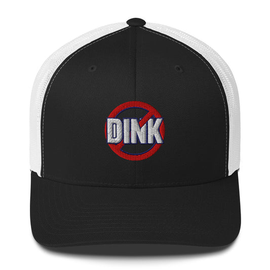 Black and white trucker hat with NO DINK on a black background