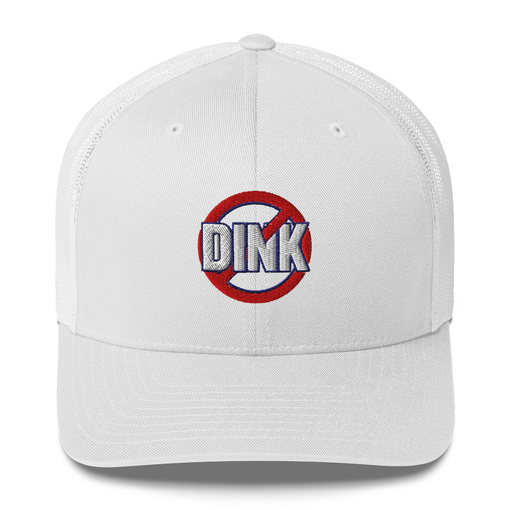White trucker hat with a red and blue NO DINK logo on a white background