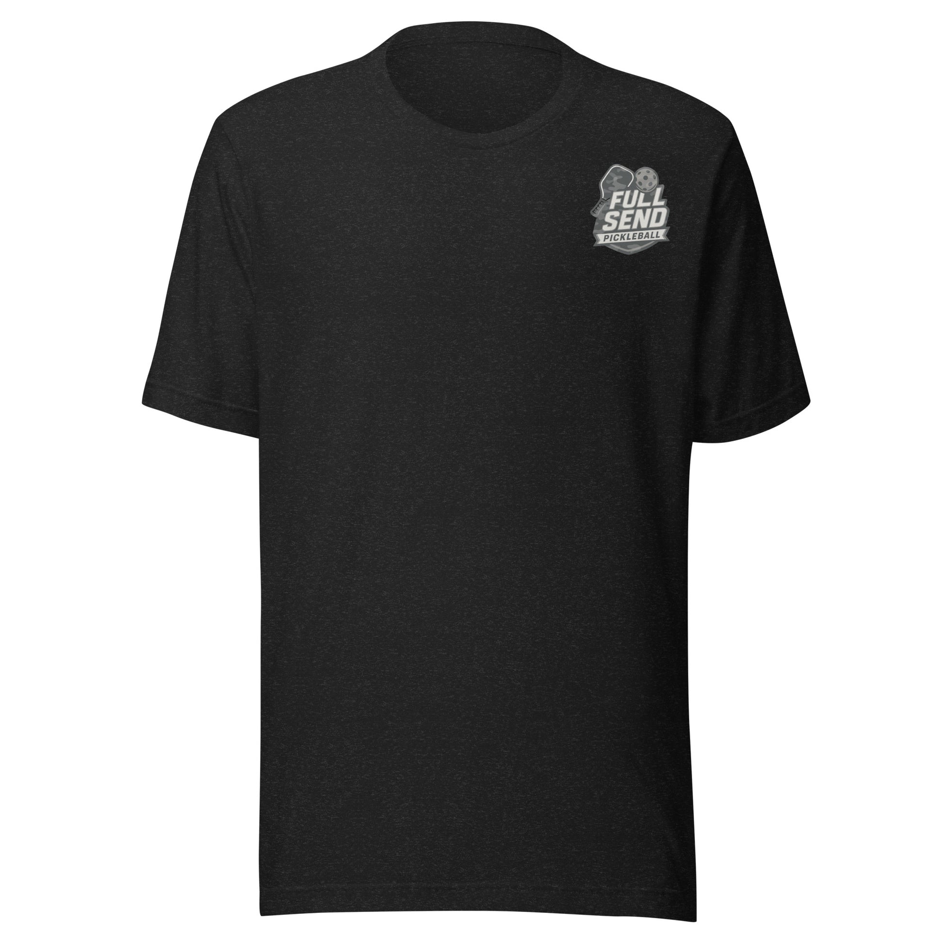 Black t-shirt with a camo logo on the chest against a white background
