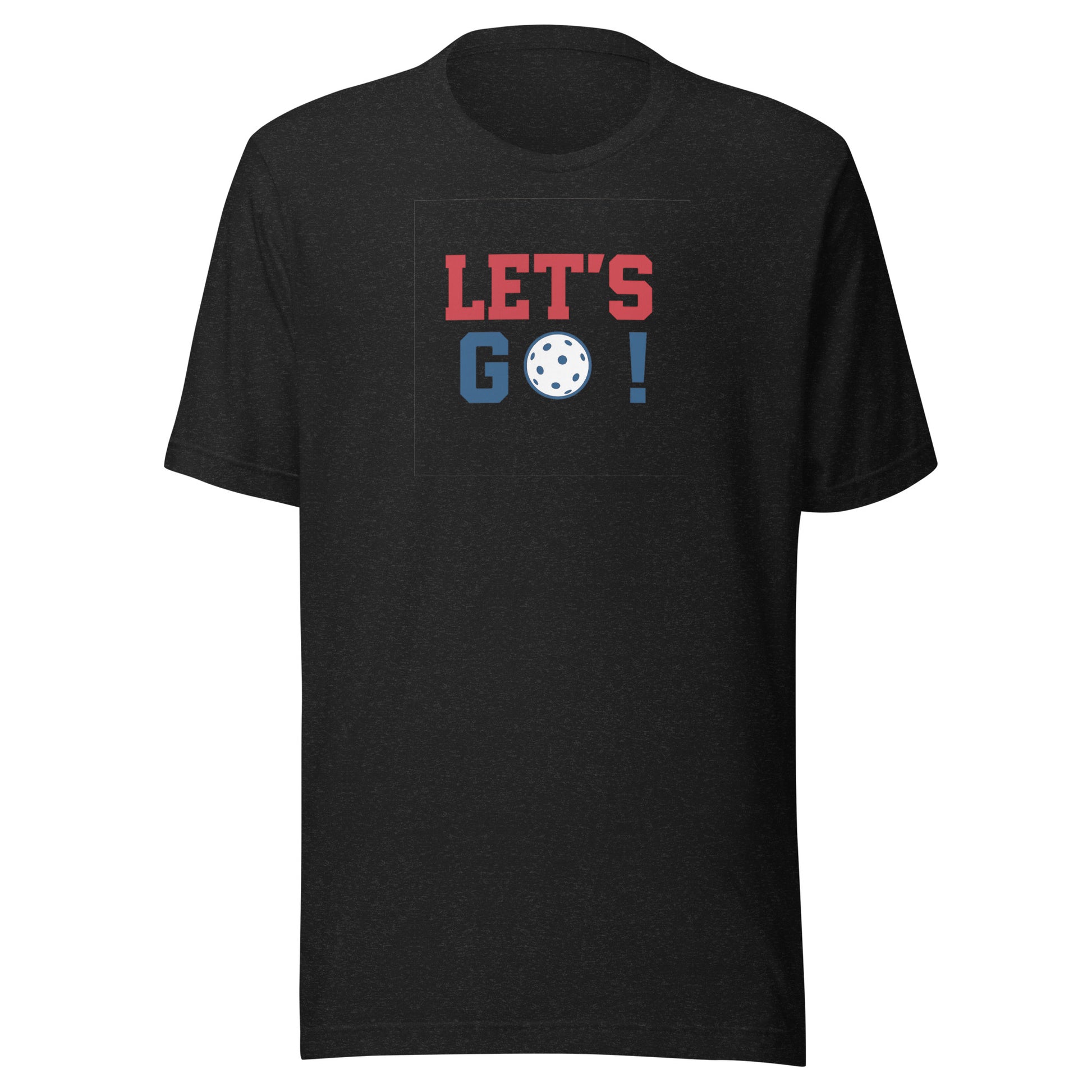 Black t-shirt with 'LET'S GO!' text and a dice graphic on a white background