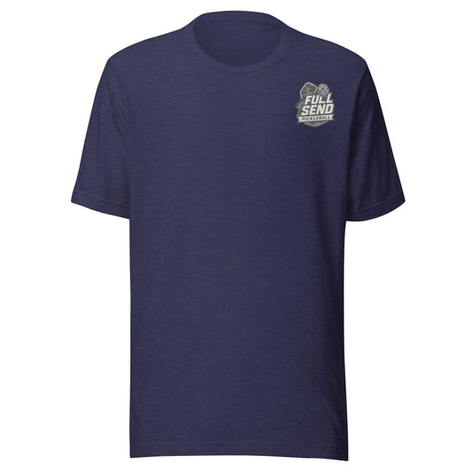 Navy blue t-shirt with a camo logo on the chest against a white background