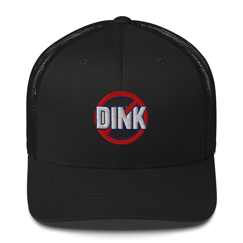 Black trucker hat with NO DINK logo on a black background