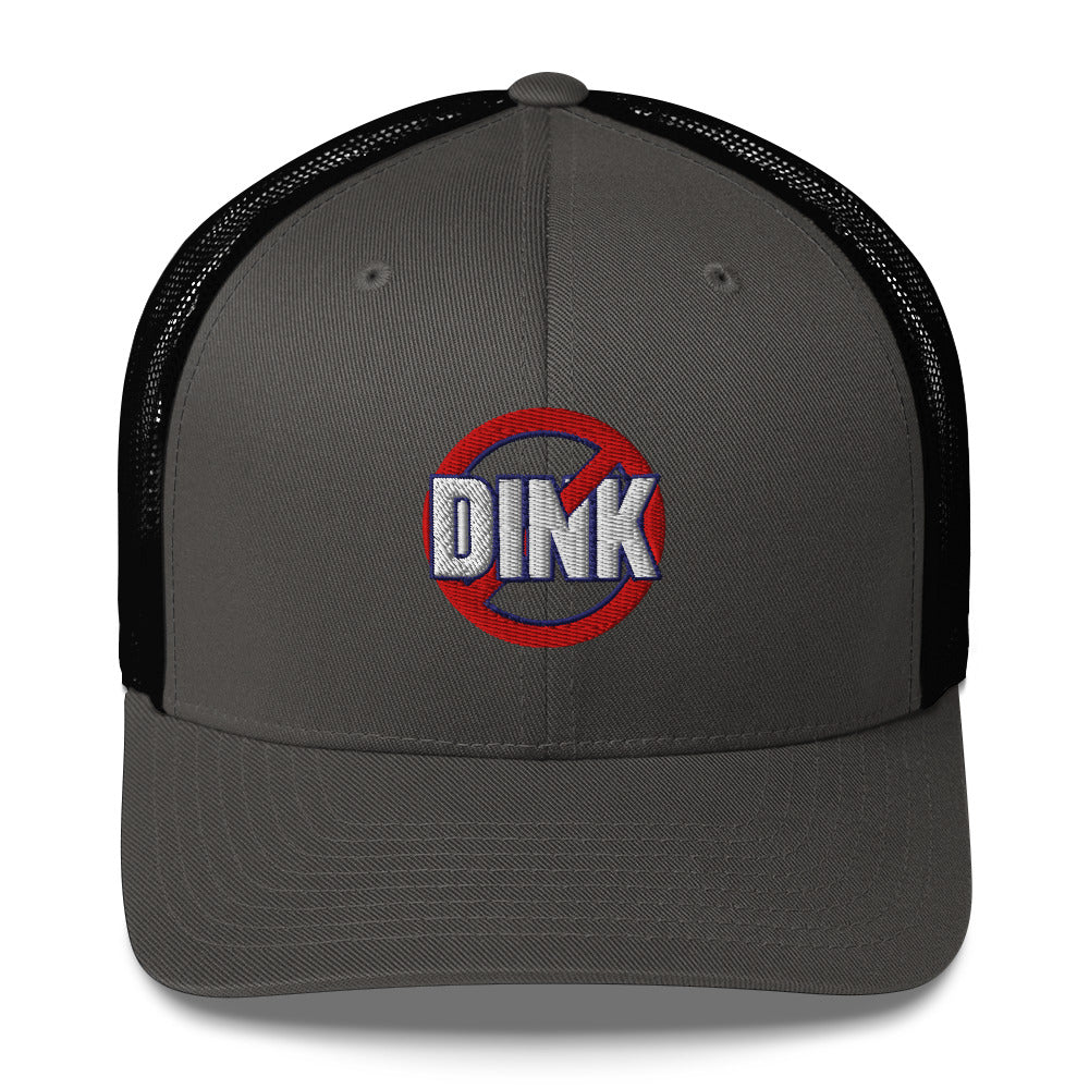Gray trucker hat with black mesh back and NO DINK logo on a gray background