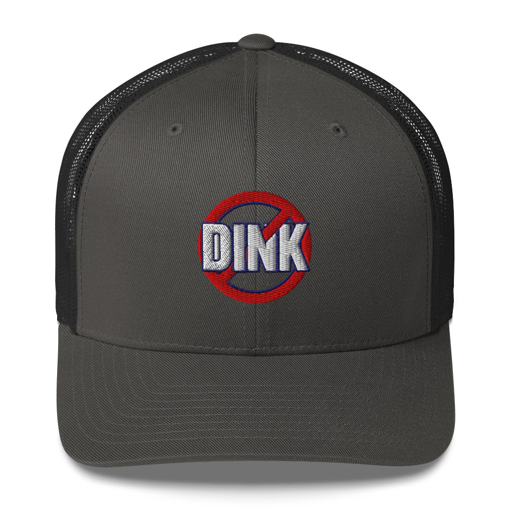 Gray and black trucker hat with NO DINK logo on a gray background