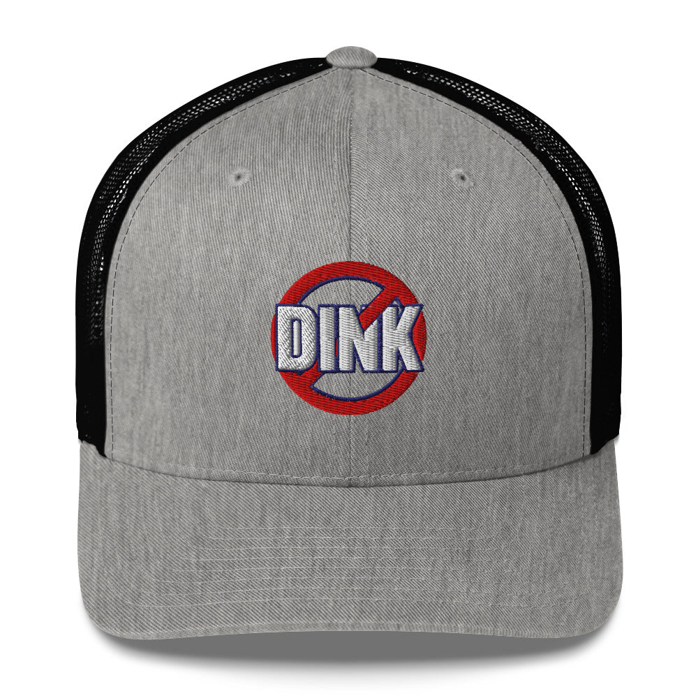 Gray and black trucker hat with NO DINK logo on a gray background