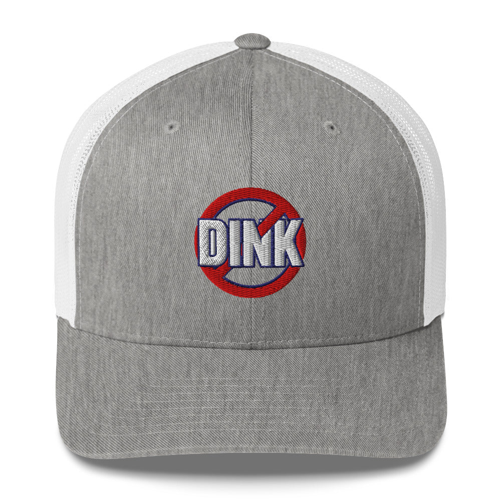Gray and white trucker hat with NO DINK logo on a gray background