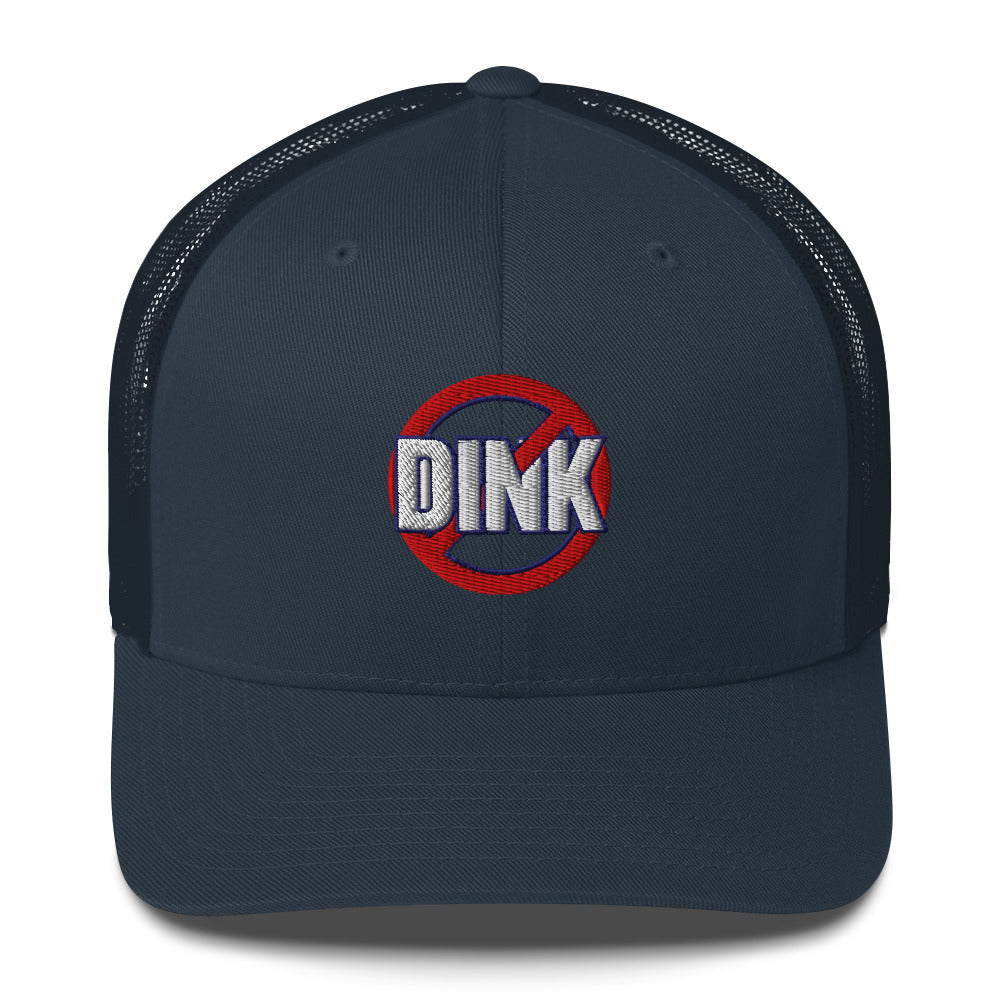 Navy blue trucker hat with NO DINK logo on a blue background