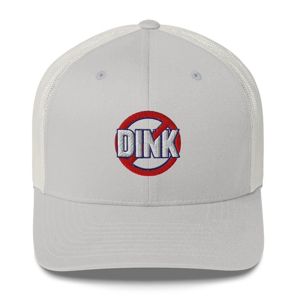 Light gray and white trucker hat with NO DINK logo on a light gray background