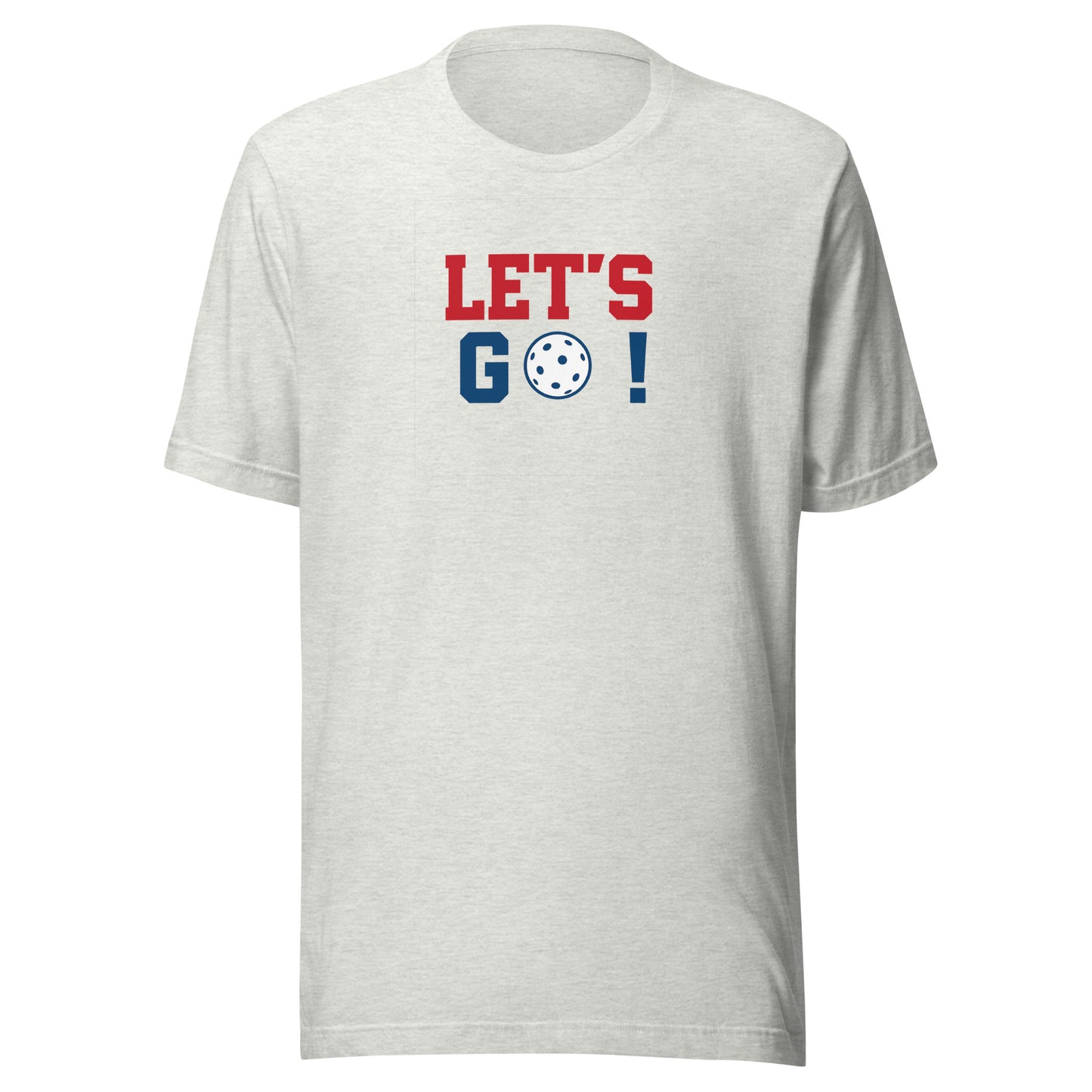White t-shirt with 'LET'S GO!' text in red, blue, and white on a white background