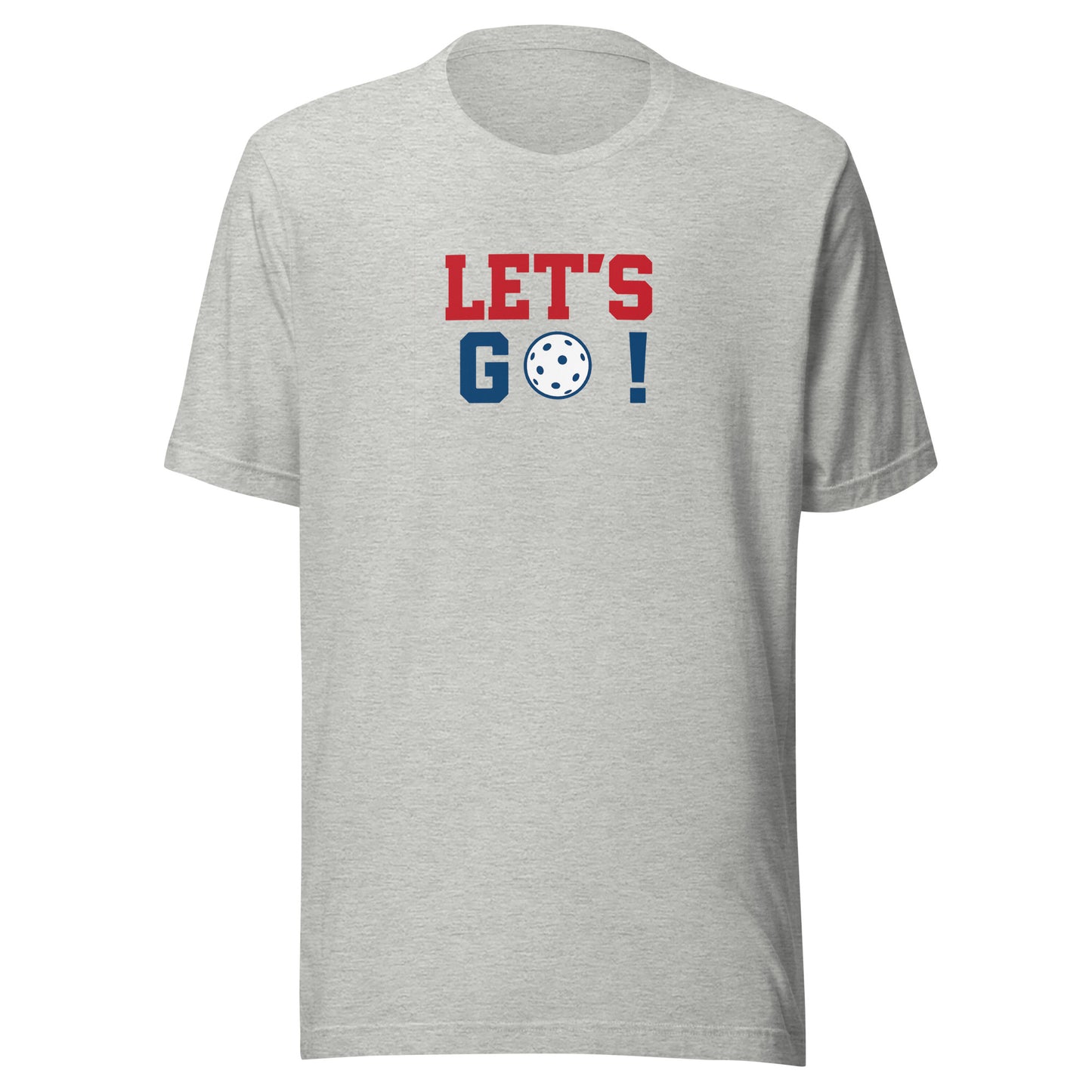 Gray t-shirt with 'LET'S GO!' text in red, blue, and white on a white background