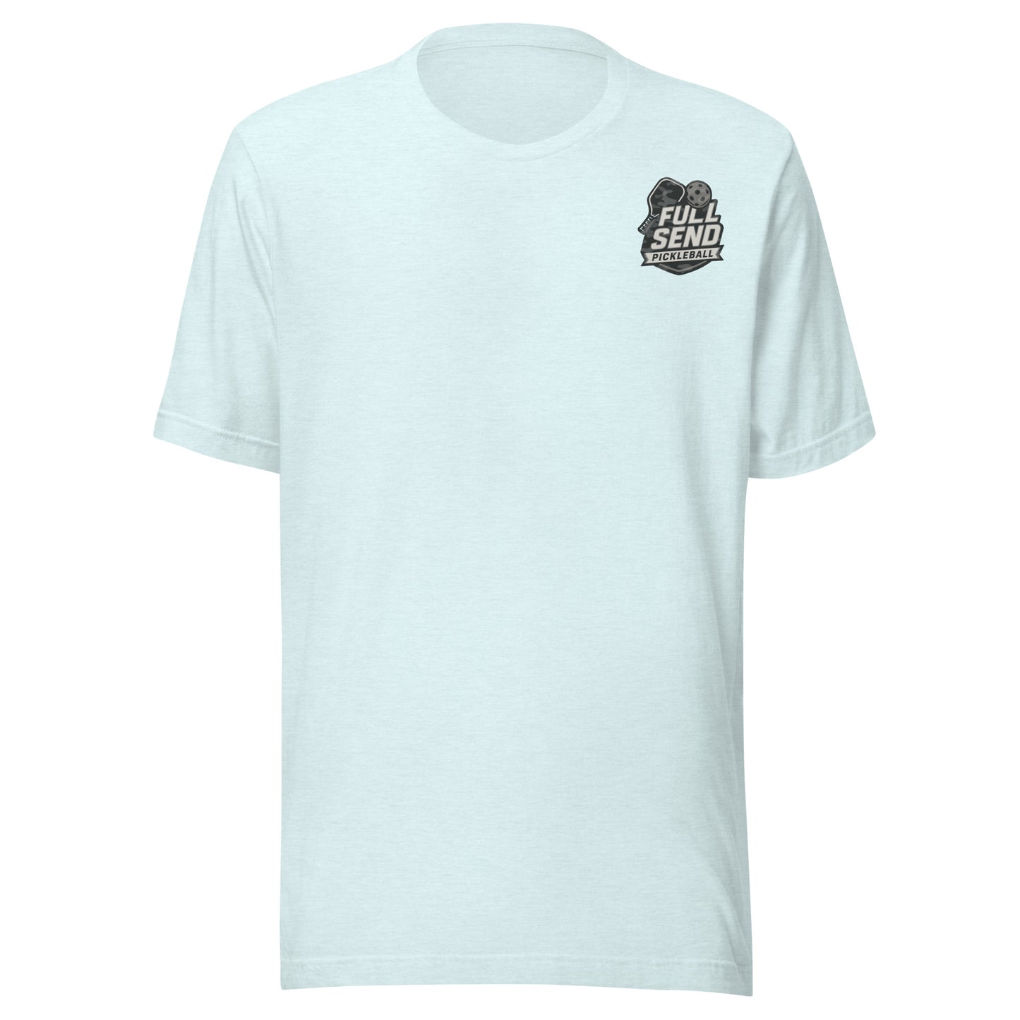 Light blue t-shirt with a camo logo on the chest against a white background