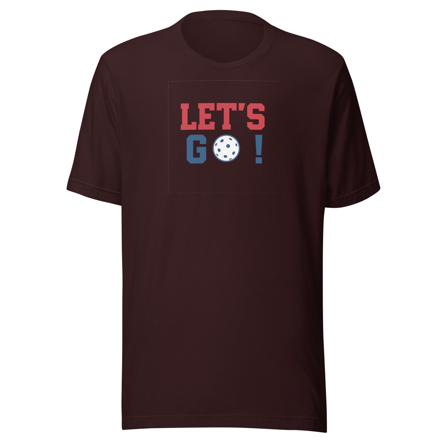 Brown t-shirt with 'LET'S GO!' text in red and blue on a white background