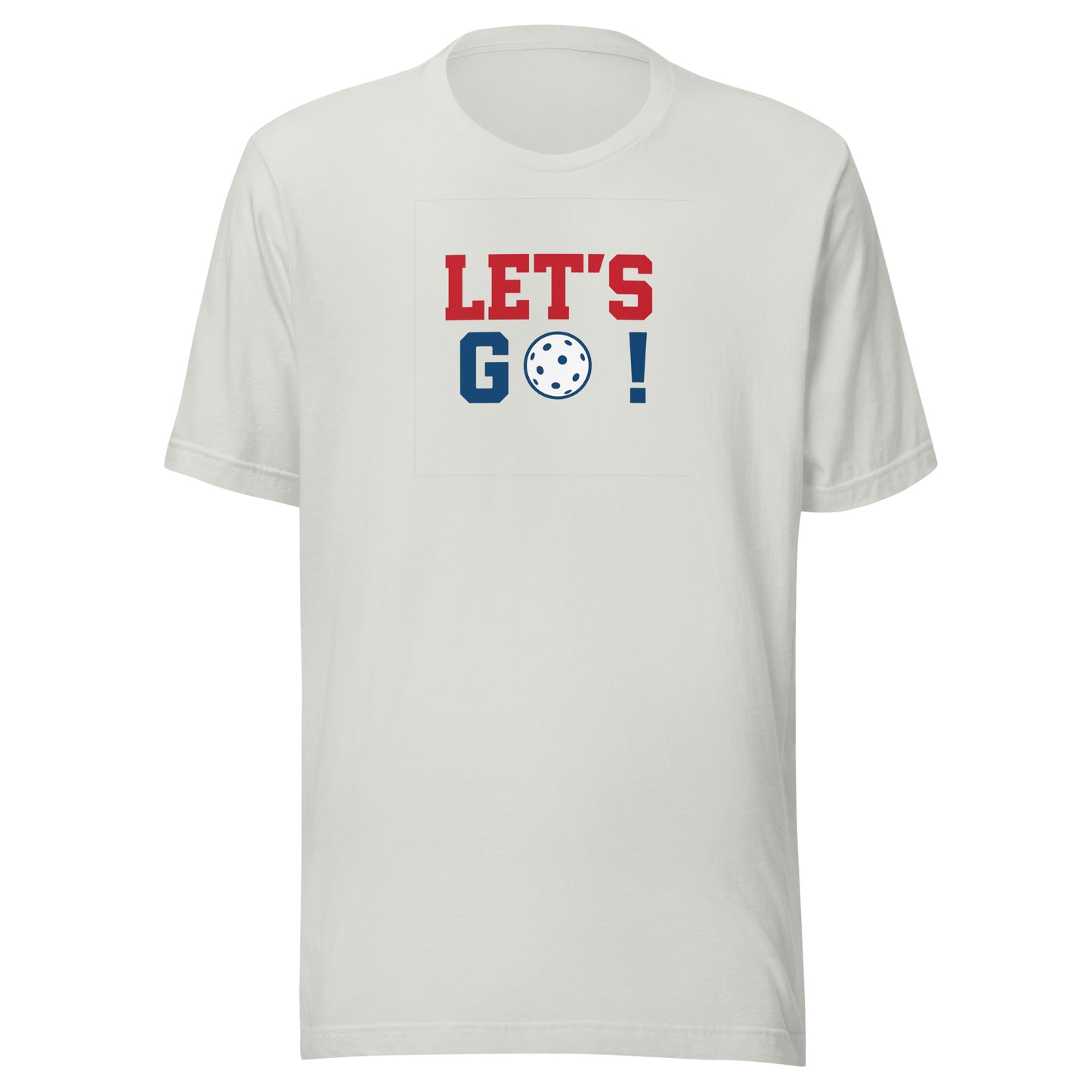 White t-shirt with 'LET'S GO!' text in red, blue, and white on a white background