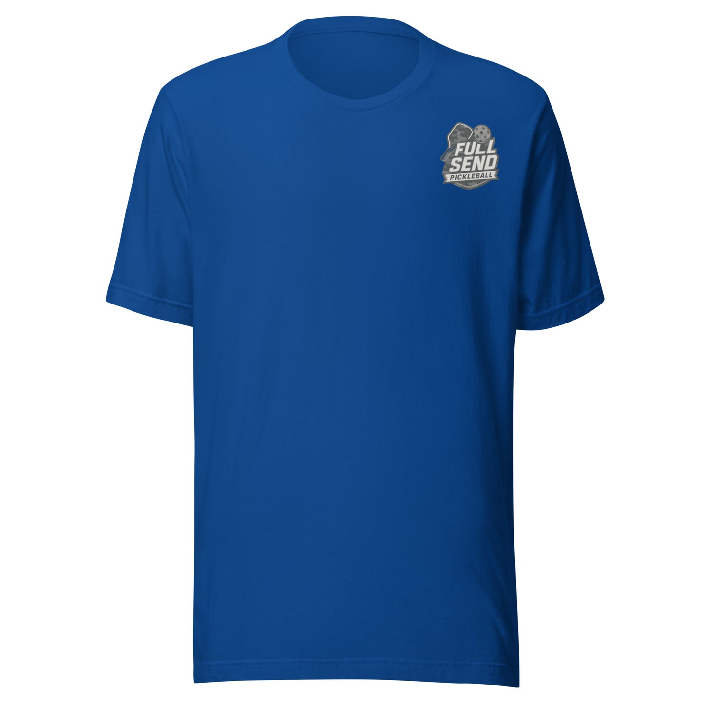 Blue t-shirt with a camo logo on the chest against a white background