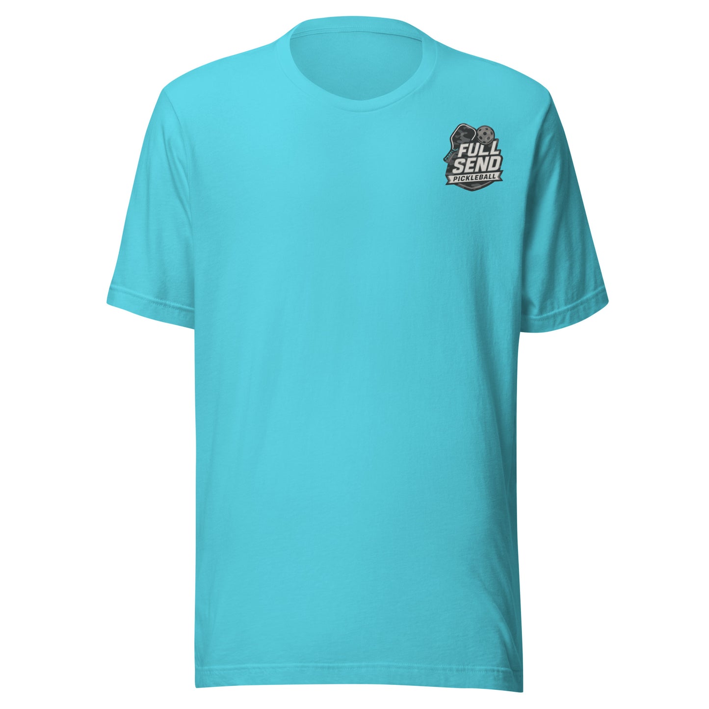 Turquoise t-shirt with a camo logo on the chest against a white background