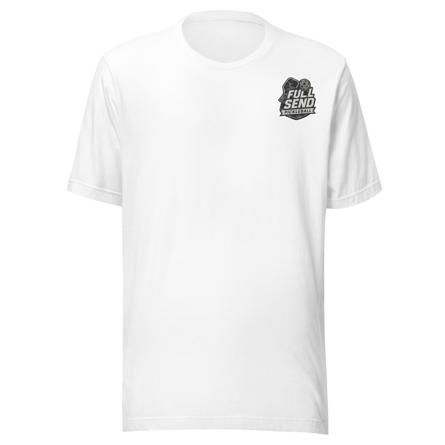 White t-shirt with a camo logo on the chest against a white background